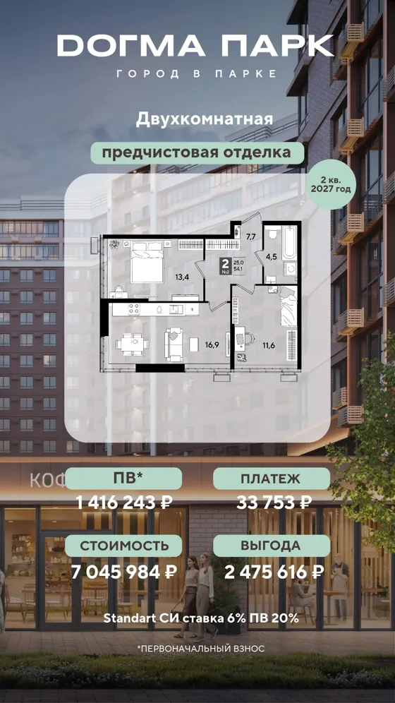 2-комнатная, 54,1 м², предчистовая · 6%, ПВ 1 416 243 ₽ · 2 кв. 2027