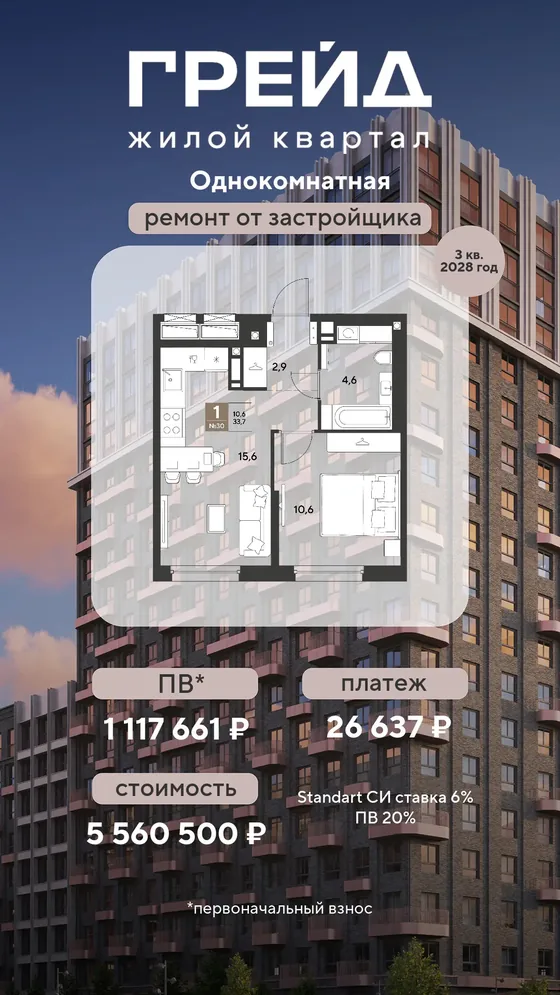 1-комнатная, 33,7 м², ремонт от застройщика · 6%, ПВ 1 117 661 ₽ · 3 кв. 2028