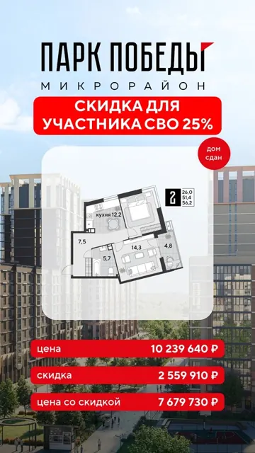 2-комнатная, литер 12, кв. 41, скидка 25% участникам СВО · 7 679 730 ₽ вместо 10 239 640 ₽ · дом сдан