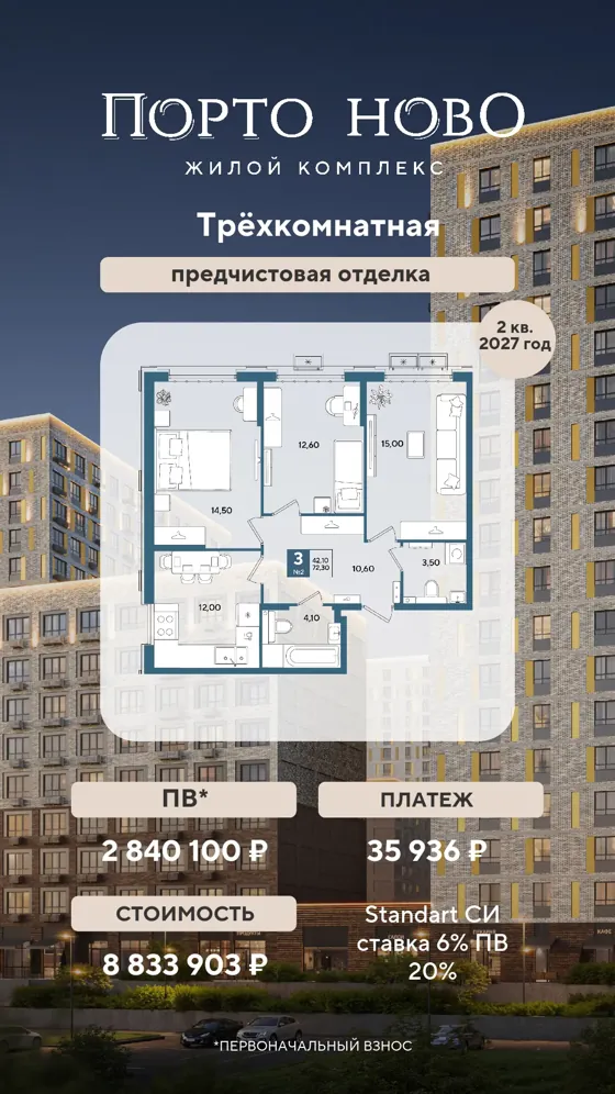 3-комнатная, 72,3 м², предчистовая · 6%, ПВ 2 840 100 ₽ · 2 кв. 2027