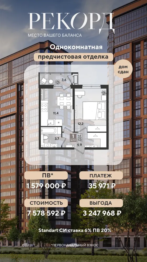 1-комнатная, 36,8 м², предчистовая, дом сдан · 6%, ПВ 1 579 000 ₽