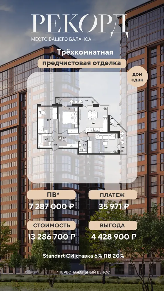 3-комнатная, предчистовая, дом сдан · 6%, ПВ 7 287 000 ₽