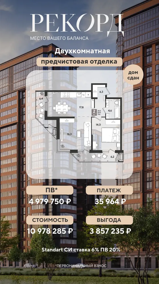 2-комнатная, 71,6 м², предчистовая, дом сдан · 6%, ПВ 4 979 750 ₽