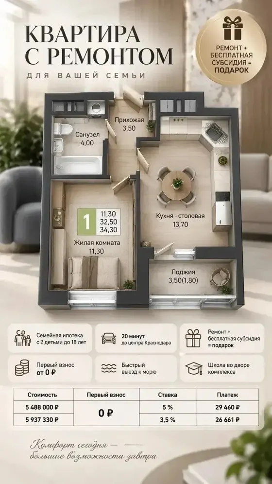 1-комнатная, 34,3 м², при 5% и при 3,5%