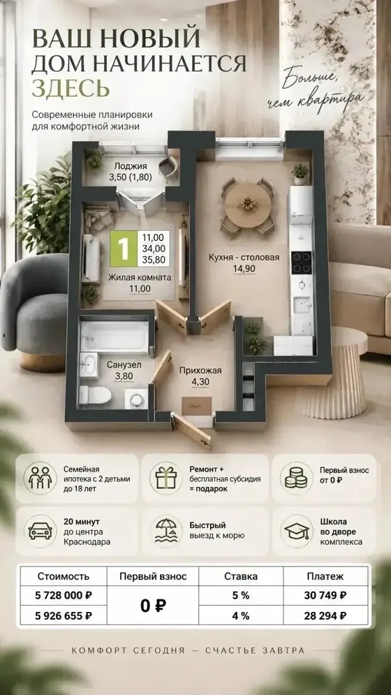 1-комнатная, 35,8 м², при 5% и при 4%