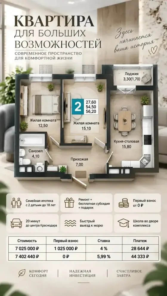 2-комнатная, 56,2 м², при 4% и при 5,99%